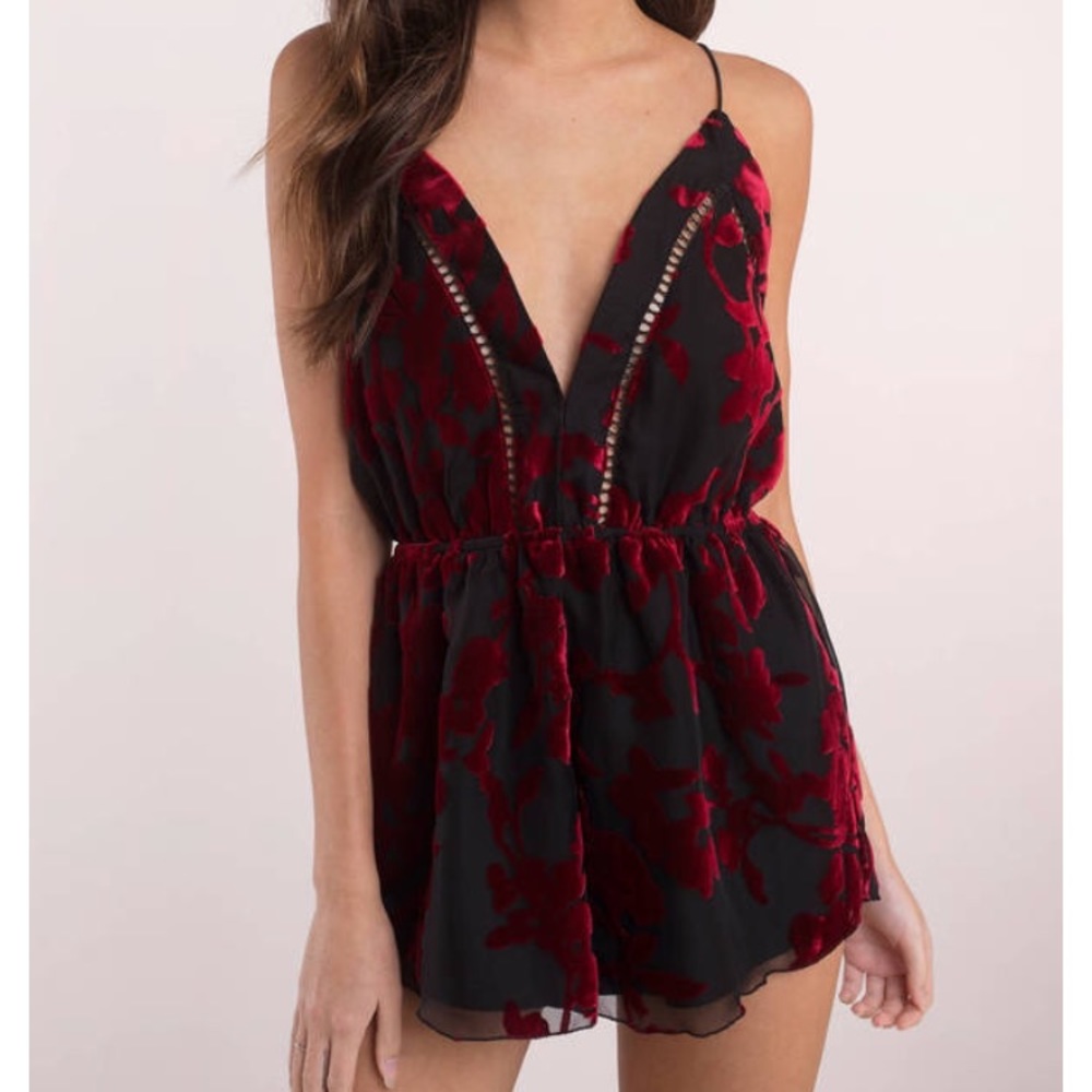 Tobi Black and red velvet decor romper